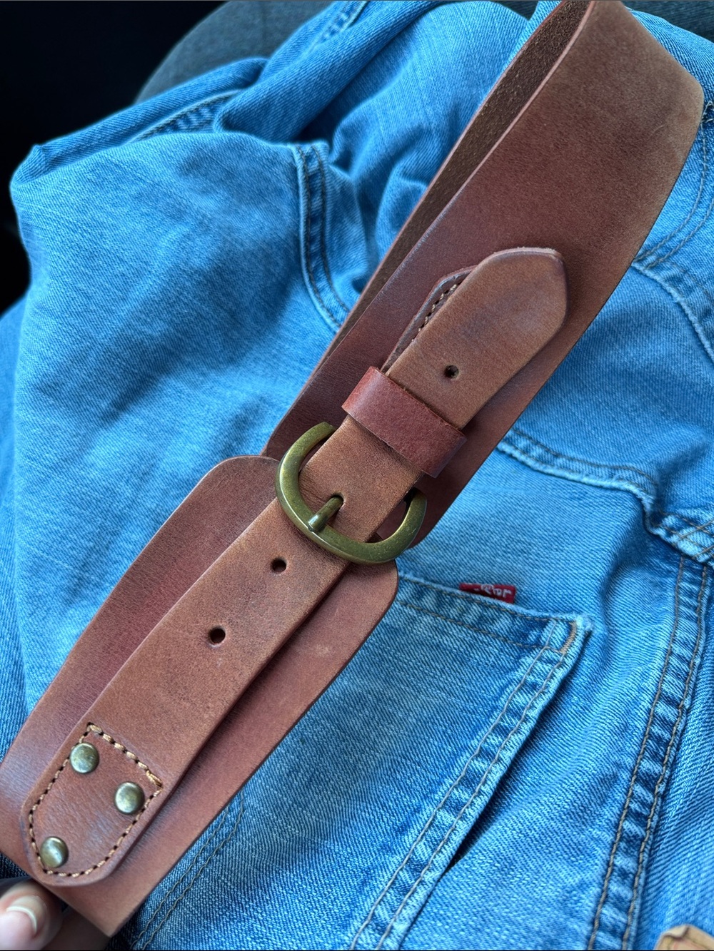 Vintage Linea Pelle - Brown Leather Belt with Brass  Buckle and Rivets